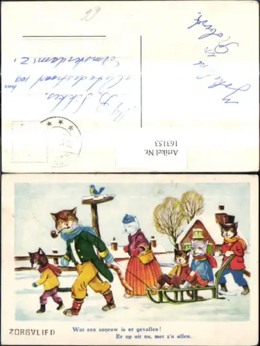 163153,Künstler Ak Katzen vermenschlicht Familie m. Schlitten Spruch Text