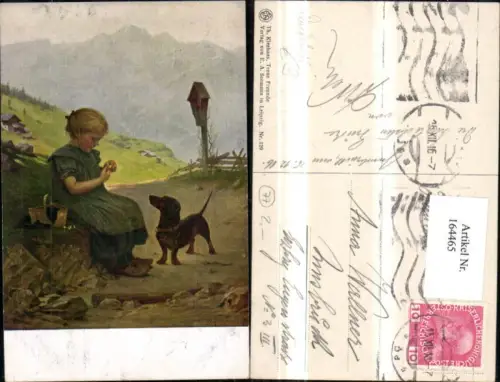 164465,Hund Dackel m. Mädchen Marterl Korb sign Th. Kleehaas