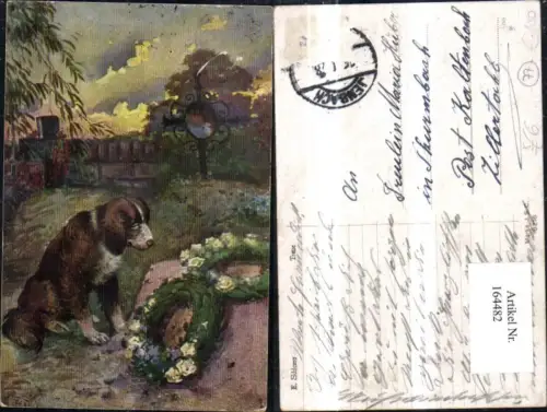 164482,Hund trauert a. Grab Blumenkranz Kreuz sign E. Schlemo
