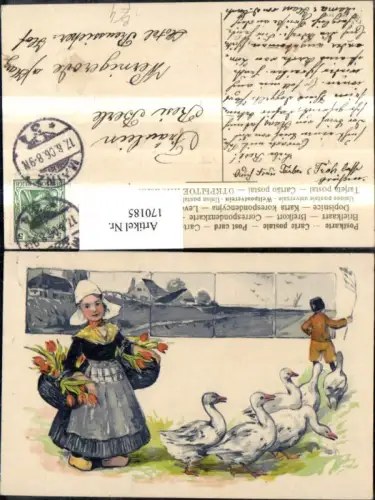 170185,Tier Gans Gänse Präge Litho Mädchen Tulpenkorb Tracht Type Junge Hirte
