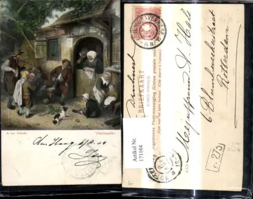 171104,Künstler Ak A. van Ostade Vioolspeler Hund Menschen v. Haus Geigenspieler Geige Musik