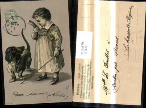 171122,Präge Künstler Ak Mädchen m. Hund Dackel Stock Wurst i. Hand