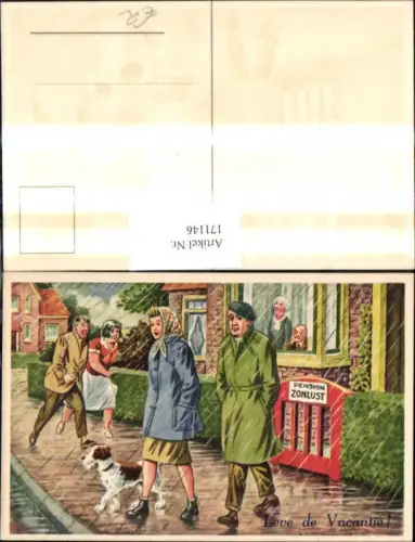 171146,Künstler Ak Hund m. Paar Strasse v. Pension Zonlust Regen Regentropfen Leve de Vacantie