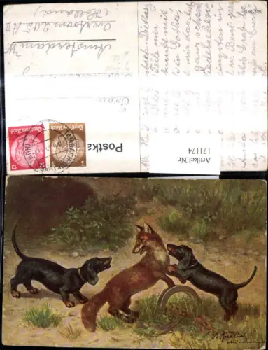 171174,Künstler Ak S. Sperlich München Hunde Dackel m. Fuchs Jagd
