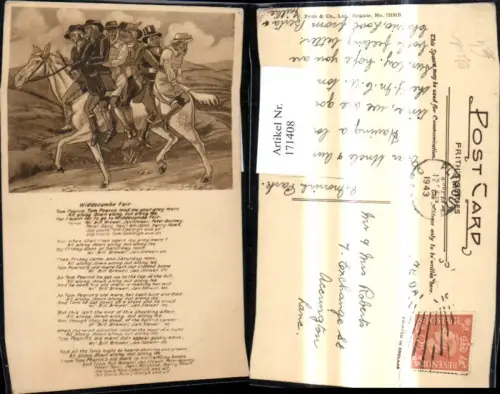 171408,Künstler Ak Pferd m. vielen Reiter Widdecombe Fair Liedtext Text