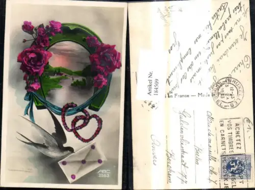 184509,Tiere Schwalbe Vögel m. Kuvert Brief i. Maul Hufeisen Rosen Landschaft
