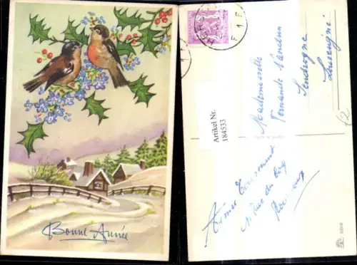 184533,Tiere Vögel Stechpalmenzweig Blumen Winterdorf Bonne Annee