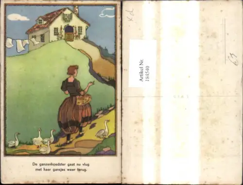184540,Künstler Ak Frau m. Gans Gänse Weg z. Haus Wäscheleine Spruch Text