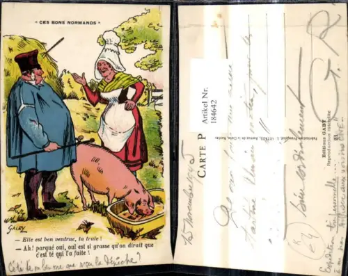184642,Künstler Ak Galry Schwein Tier a. Trog Futtertrog Bauern Spruch Text