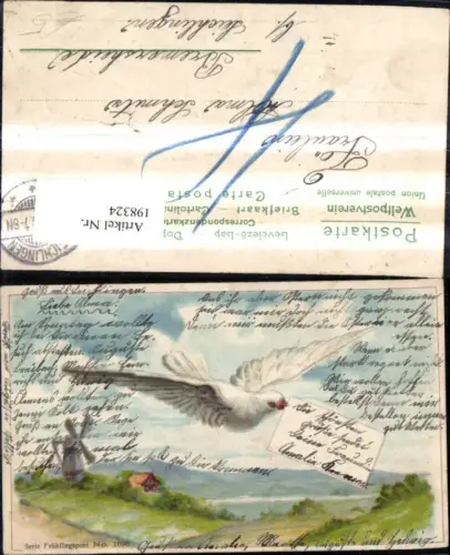 198324,Tier Vogel Taube m. Brief i. Schnabel Windmühle