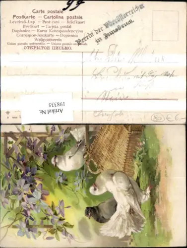 198335,Tier Vögel Präge Ak Tauben Korb Blumen