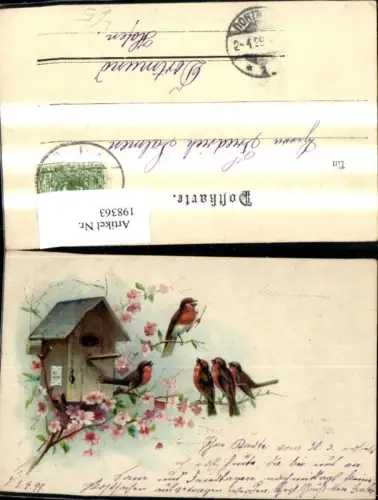 198363,Tier Litho Vögel Vogelhaus Blütenzweig