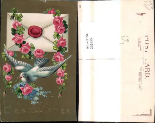 262555,Präge Litho Tiere Vögel Brieftaube Taube Briefkuvert Rosen Blumen Vergissmeinnicht Best Wishes