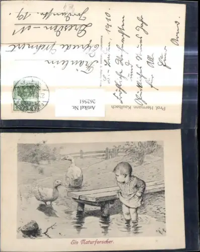 262561,Künstler Ak Hermann Kaulbach Tiere Vögel Gänse a. Teich Kind Steg Ein Naturforscher