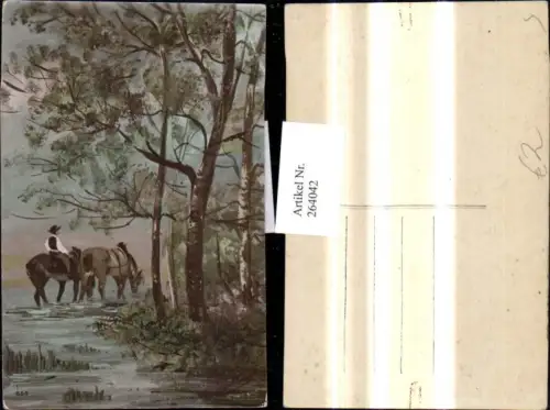 264042,Künstler Ak Mann reitet Pferde i. Bach Tiere