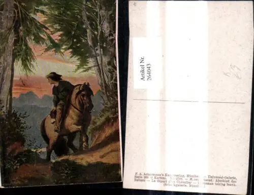 264043,Künstler Ak M. v. Schwind Abschied des Reiters Mann a. Pferd Wald Landschaft Tiere Pferde