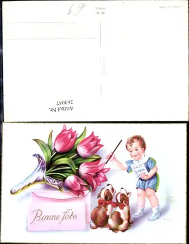 264047,Künstler Ak Zsolt Bub Junge dirigiert Hunde Welpen Tiere Blumenstrauß Tulpen Bonne fete
