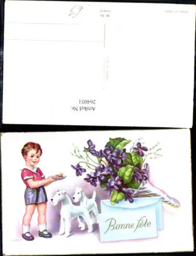 264051,Künstler Ak Zsolt Bub Junge m. Tiere Hunde Blumenstrauß Veilchen Bonne fete
