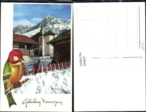 264057,Tiere Vögel Vogel a. Ast Kirche Winterkulisse Goldverzierung Gelukkig Nieuwjaar Neujahr