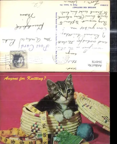 264978,Tiere Katzen Katze i. Korb Nähzeug Schere Maßband Wolle Anyone for Knitting