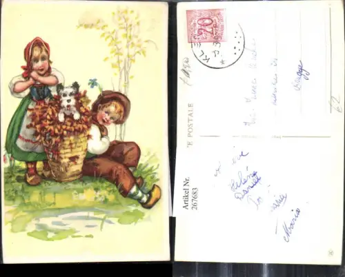 267683,Künstler Ak Tiere Hund i. Rückenkorb m. Kinder