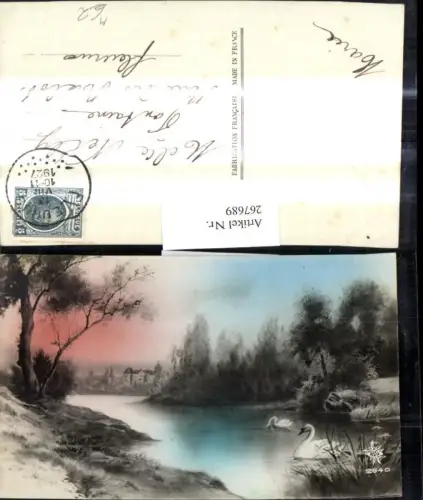 267689,Künstler Ak Tiere Schwäne Schwan b. Fluss Landschaft