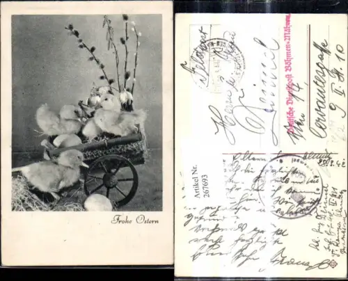 267693,Tiere Vögel Küken i. Mini Leiterwagen Palmkätzchenzweige Eier Ostereier Feldpost Infanterie Ers. Batt. 111
