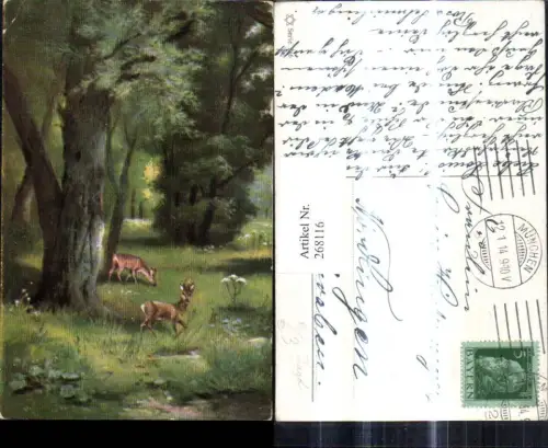 268116,Künstler Ak Tiere Wild Rehe Hirsche Wald Landschaft Jagd