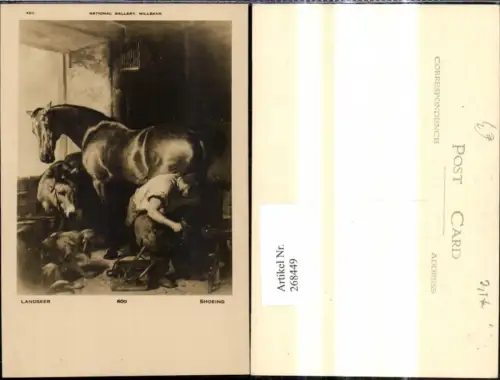 268449,Künstler Ak Landseer Shoeing Tiere Pferd Pferde Hufeisen Hund