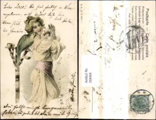 268484,Künstler Litho Frau m. Vögel Tiere Papageien Kakadus pub B.K.W.I. Brüder Kohn 667c/1