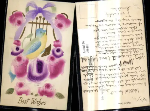 268485,Künstler Ak Relief Tiere Vogel Harfe Schleife Blumen Rosen Best Wishes