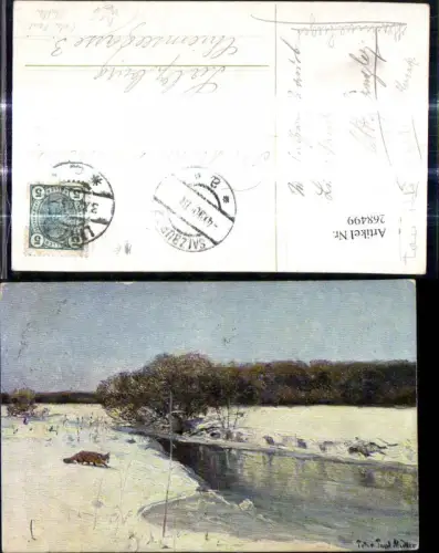 268499,Künstler Ak Peter Paul Müller Tiere Fuchs b. Fluss Winterlandschaft Jagd