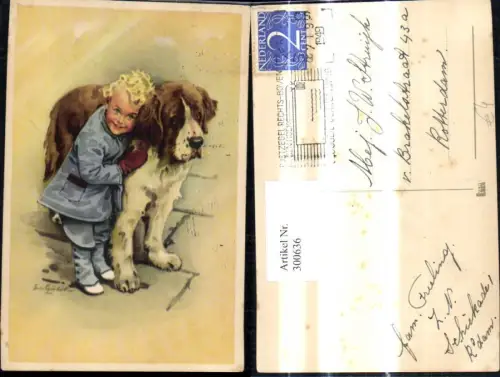 300636,Künstler Ak Tiere Hund Berner Sennenhung m. Bub Junge