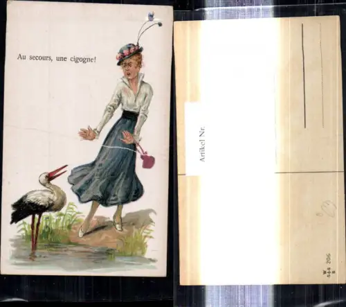 303098,Künstler Ak Tiere Frau Storch Au secours une cigogne