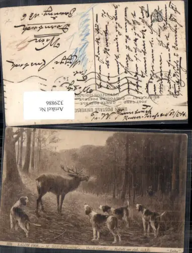 329886,Künstler Ak M. Issen Halali gestellt Röhrender Hirsch Jagdhunde Jagd Hund