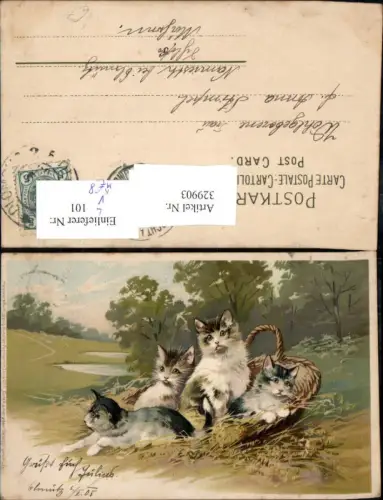 329903,Künstler Ak Katzen Katzenkinder i. Korb Stroh Landschaft pub Meissner e Buch 1275