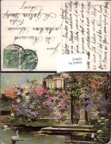 329912,Künstler Ak Schwäne Schwan Teich Park Schloss Blumen Landschaft