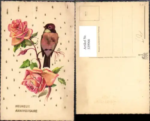 329966,Künstler Ak Vogel Blumen Rose Heureux Anniversaire Goldverzierung