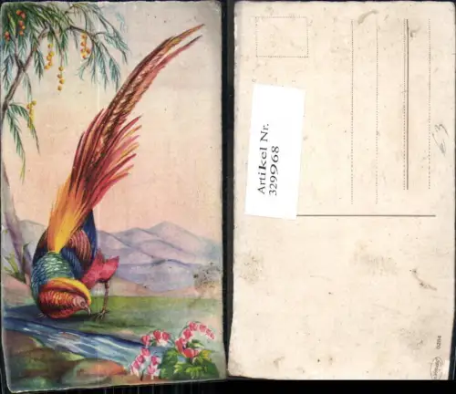 329968,Künstler Ak Bunter Vogel Hahn b. Bach Landschaft