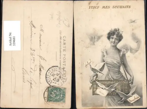 339681,Tiere Vögel Frau m. Bauchkorb Tauben Brieftauben Briefkuvert Voici mes souhaits
