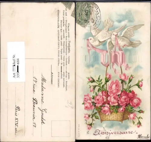 339684,Künstler Ak Tiere Vögel Tauben m. Korb Schleife Rosen Blumen Anniversaire