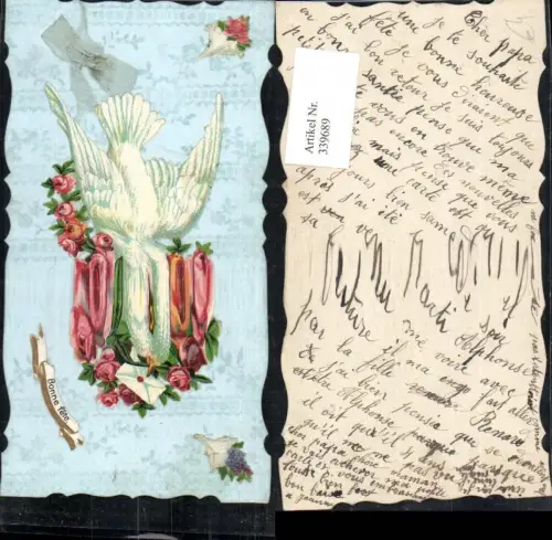 339689,Material Ak Tiere Vögel Taube Papier geklebt Brieftaube Kuvert Rosen Blumen Stoff Schleife