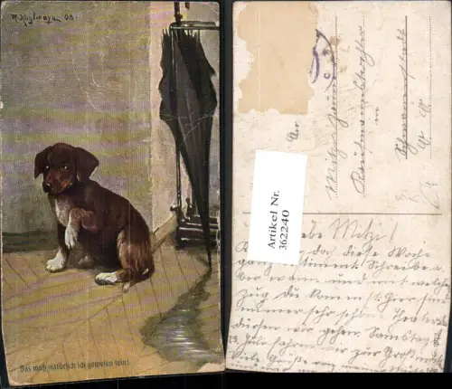 362240,Künstler Ak M. Kuglmayr Tiere Hund Welpe Schirm Regenschirm i. Ständer Humor Spruch