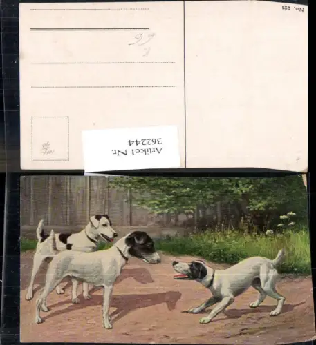 362244,Künstler Ak Tiere Drei Hunde Machtkampf Bellen
