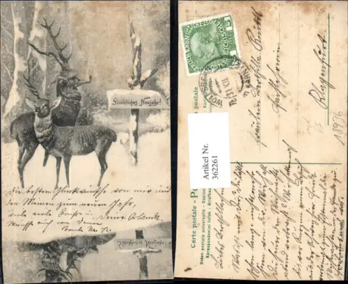 362261,Künstler Ak Tiere Hirsche Wild Rehe Jagd Spiegelung See Winterlandschaft Neujahr