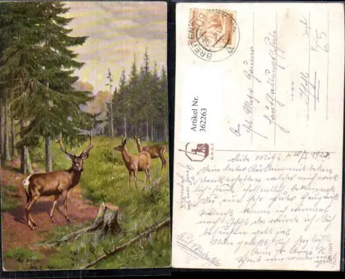 362263,Künstler Ak Tiere Hirsch Rehe Jagd Wald Landschaft