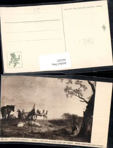 362267,Künstler Ak Paulus Potter Rinder Schafe u. Pferd a. einer Anhöhe Tiere