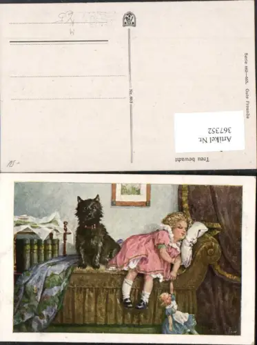 367352,Künstler AK Tier Hund West Highland Terrier Mädchen m. Puppe schläft