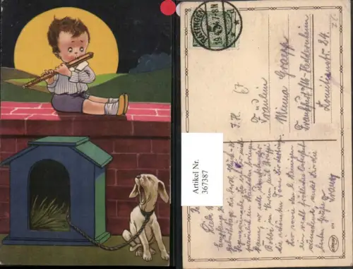 367387,Künstler AK Junge spielt Querflöte Tier Hund Hundehütte