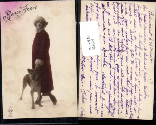 389065,Tiere Hund Frau m. Mantel Pelzkragen Bonne Annee